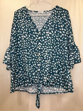 Kancystore Teal Abstract Polka Dot Button Up Tie Front Ruffle Sleeve Blouse M